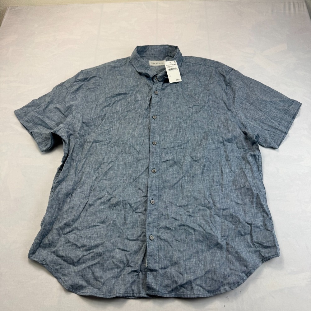 COASTAORO Shirt Men XL Blue Chambray Linen Blend Short Sleeve Collared Button Up